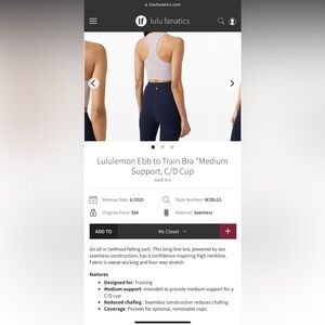 Lululemon Ebb to Train Bra size 6- pads can be included if desired.